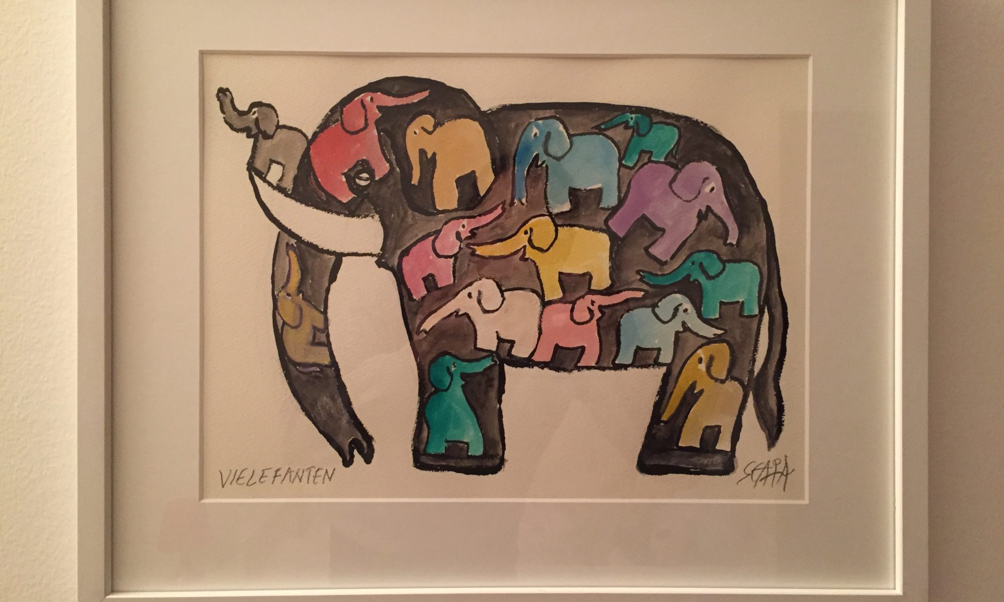 Ted Scapa, Vielefanten, Acryl auf Papier, bekannt